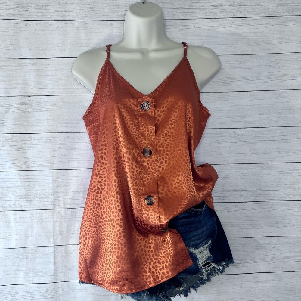 Boutique Brand Jacquard Leopard Print V Neck Button Down Cami Tank Top